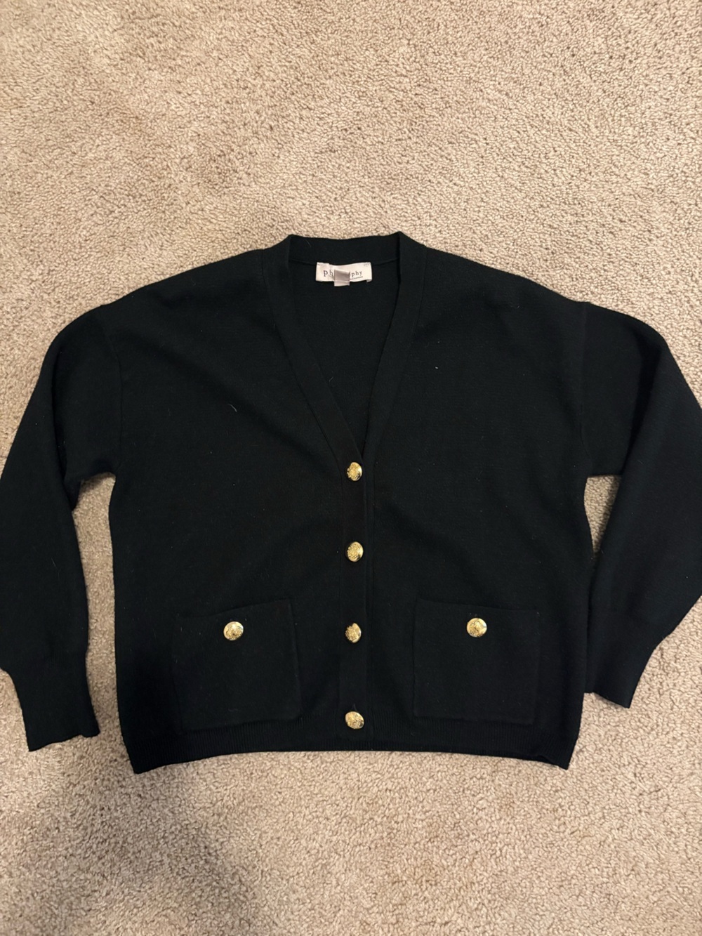 Philosophy Black V-Neck Cardigan with Gold Buttons